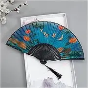 Hand Fan Folding Hand Fans, Aesthetic Crane Dark Blue Silk Fan With Tassel Large Hand Fan Foldable Chinese Fans Folding Fan For Dancing Party Wedding Home