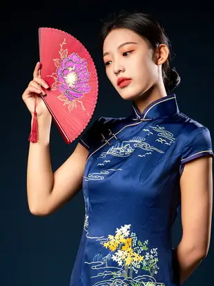中國風描金牡丹花女式折扇古風全竹扇工藝禮品扇隨身折疊小扇子