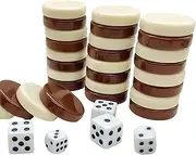 FAMA.store 30 Pieces 1.25 Inch Replacement Checkers & Backgammon Game Chips with 5 Dice, Brown & Ivory, 2 Players, Ages 6+