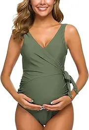 [Tempotrek] Maternity Swimsuit One Piece Elegant V Neck Pregnancy Swimwear Tie Front Bowknot Bathing Suit Monokini