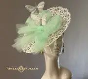 Aimee Fuller Kentucky Derby Fascinator Butterfly Ascot Big Hat White Mint Green