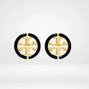 Tory Burch Classic Double T Logo Stud Black &gold Color