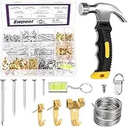 Swpeet 488Pcs Picture Hanging Kit, Picture Frame Hanger Tool, Including Claw Hammer, Golden Picture Hanging Hooks, D Ring, Nails for Hanging Pictures, Self- Tapping Screw, Wire, Level for Wall Decor