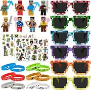 WuGU Pack of 28 Game Party Bags, Pixel Children's Birthday Party Bag Set Includes 6 Mini Figures, 12 Game Silicone Bracelets, 6 Pixel Glasses, 2 Sheets Temporary Tattoo Sticker Set