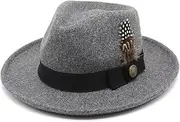 [Hcclijo] Feather Band Wool Felt Fedora Hat Men Curved Brim Panama Party Trilby Cowboy Cap Gentleman Wedding Jazz Hat