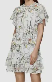 $638 Reiss Women's White Juno Watercolor Floral Ruffled Tiered Dress Size US 6