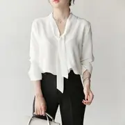 Long-Sleeve V-Neck Plain Lace Up Bow Chiffon Blouse White - S