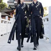 Long-Sleeve Wrap Hanfu Top / Belt / Straight-Leg Pants Pants - Black - L