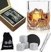 Whiskey Stones & Glass Gift Set – 4 Natural Whiskey Stones, 1 Crystal Whiskey Glass, All in an Elegant Wooden Box – Perfect for Whisky, Scotch & Bourbon Lovers