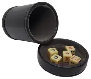 Spanish Poker Dice Bone Tone + PU Leather Dice Cup Dark Grey Felt Lined Lid Tray
