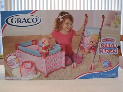 2014 GRACO DELUXE DOLL PLAYSET STROLLER, PACK 'N PLAY, DIAPER BAG, CHANGING PAD