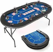 Costway Foldable Poker Table, 8 Players Card Board Game Table w/ 8 Cup Holders, Casino-Grade Felt Surface, Portable Oval Leisure Table for Blackjack Texas Hold’em Casino (Black+Blue)