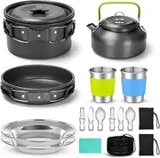 Homodoskey 15pcs Camping Cookware Mess Kit, Non-Stick Lightweight Pot Pan Kettle Set with Stainless Steel Cups Plates Forks Knives Spoons for Camping,Outdoor Cooking and Picnic (Black)