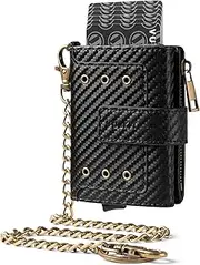 [VULKIT] Mens Leather Wallet with Chain, Aluminum POP UP Card Case RFID Protected, ID Window, Zipper Pocket for Coins and Compartment for Bills/Banknotes, Carbon Black