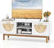 Giantex TV Stand for 55-Inch TVs, Mid Century Modern Entertainment Center with 2 Drawers & Bamboo Woven Fronts, TV Console Media Cabinet with Solid Wood Legs for Living Room Bedroom, White & Natural