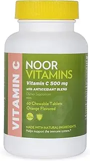 NoorVitamins 500 MG Vitamin C Chewable Tablets + Rose Hips and Antioxidants I Supports Healthy Immune System I A Vegan, Gluten Free & Halal Vitamin 60 Orange Flavored Chewable Tablets I 2 Month Supply