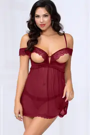 Seven Til Midnight Intimate Detail Open-Cup Wine Babydoll with Panty