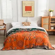 SahSahCasa 100% Cotton Throw Blanket Queen Size, Orange Muslin Throw Queen Blanket for Couch Chair Sofa Bed, Soft Reversible Blanket for Outdoor and Indoor, 90x98 Inch