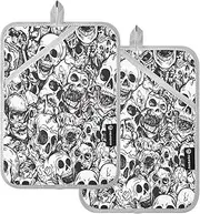 Kitchen Pot Holders Heat Resistant Funny Skull Black White Potholder with Pocket Hot Pads Oven Mitts 2 Pack