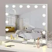 Hollywood Vanity Mirror with Lights, Makeup Mirror with USB Charging Port, Phone Holder, 14 LED Bulbs, 3 Adjustable Lighting Modes Table Mirror (60 x18 x 52.3 cm)