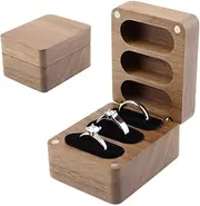 DSHOM Walnut Wooden Engagement & Wedding Ring Storage Box, Solid Wood Square Box with 3 Slots for Ring Ceremony & Bearer