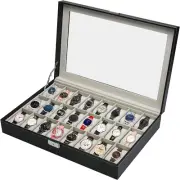 24 Slot Black Leather Watch Box for Collection,Metal Buckle Watches/Jewely Displ
