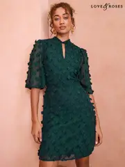 Love & Roses Green Petite 3D Floral Print Angel Sleeve Mini Dress (AD7528) | $138