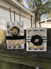 NEW Handmade Farmhouse Black White Check Lace Button Display Photo Blocks Set 2