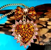 Vintage Betsey Johnson Rio Large Bow Pink Crystal Leopard Lucite Heart Necklace