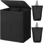154L Double Laundry Hamper with Lid, 2-Section Collapsible Basket, Black