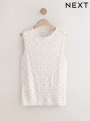 Ecru Tile Print Linen Modal Soft Touch Sleeveless Crew Neck Tank Vest Top (AD3647) | $38
