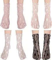 [YQQYG] 4 Pair Lace Ruffle Socks, Mesh Socks for Women, Tulle Slouch White Black Pink Beige Lace Sock, Mesh Loose Slouch Fishnet Ankle Sock, White, Black, Pink, Beige