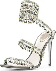[Gikleihwy] Women's Lace Up Stiletto High Heel Rhinestone Sparkly Ankle Strap Open Toe Sexy Stiletto Sandals Diamond Wrap Up Dress Heels(Multi-Colored,9.5 US)