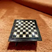 Black Marble Square Chess Side Table Antique Mother Of Pearl Inlaid Home Decor
