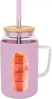 Sursip 50 OZ Glass Tumbler with Handle, Glass Water Bottles with Straw and Bamboo Lid, Motivational Water Tumber Cup with Time Marker,Iced Coffee Cup with Silicone Sleeve BPA Free