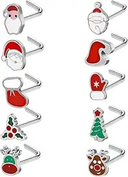 [6ixGosh] 10PCS 20g Nose Rings Studs Surgical Steel Nose Rings L Shaped Corkscrew Nose Ring Studs for Women Men Christmas Elements Christmas Santa Claus Tree Elk Nose Screws Nose Piercing Stud