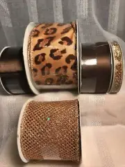 Leopard Print, Gold, Black Ribbon Lot 5 Rolls Wire Craft Gift Hobby Bow DIY NEW