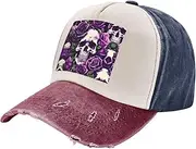 [YANYU] Many Purple Rose Skull Print Fashion Washed Distressed Baseball Cap Vintage Adjustable Hat with Classic Brim, Navy and Red, One Size