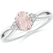 Solitaire Oval Morganite Split Shank Ring with Trio Diamonds