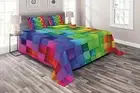 Geometric Quilted Coverlet & Pillow Shams Set, Rainbow Color Print