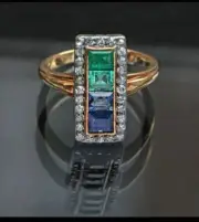 Antique Baguette Cut Simulated Green Emerald & Blue Wedding Ring Sterling Silver