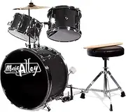 Music Alley 3 Piece Kids Drum Set with Throne, Cymbal, Pedal & Drumsticks, Metallic Black, (DBJK02-BK)