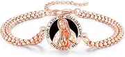 [Vavacoy] Black Onyx St Michael/St Christopher/St Jude/Guadalupe/Guardian Angel/Santa Muerte Bracelet 925 Sterling Silver Patron Saint Bracelet with Double Link Chain,9"(Rose Gold)