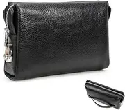 [FAOONNMY] Mens Genuine Leather Phone Clutch Wristlet Bag, Fashion Large Capacity Travel Handbag Business Organizer Bag with Wrist Strap, Casual Outdoor Password Lock Clutch Wallet Storage Bag Black
