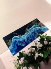Ocean Wave Epoxy Resin Dining Table Top Natural Acacia Wooden Countertop Desk