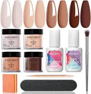 Modelones 10 Pcs Dip Powder Nail Kit Starter, 4 Colors Brown Nude Skin Tones Neutral Dipping Nails Kit with 15ml Base Top Coat Activator Liquid Set and Nail Tools, Dip System Kit No Lamp Needed Saving Time DIY Manicure Salon Extension Kit