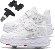 [AMMFIT] Boys and Girls Roller Skates Shoes with Double-Row Wheels Winter Warmth Sneakers Retractable Technical Skateboarding Shoes for Kids,White-5BigKid