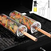 2 Pcs Nesting Grill Baskets Set Removable Wooden Handle Rolling Grilling Net BBQ Accessories Barbecue Grilling Baskets for Vegetables Outdoor Cooking Camping Gifts for Men Dad Husband(Total 9 Piece)