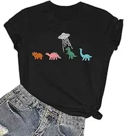 [Pingyongchang] Dinosaur T-Shirt for Women Cute Dinosaur Pattern Funny Animal Print Short-Sleeve Shirt Vacation Top