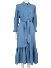 Blue Corduroy Ruffle Midi Dress